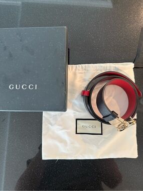 Gucci Two-Tone Black and Red Leather Belt with Gold Buckle
